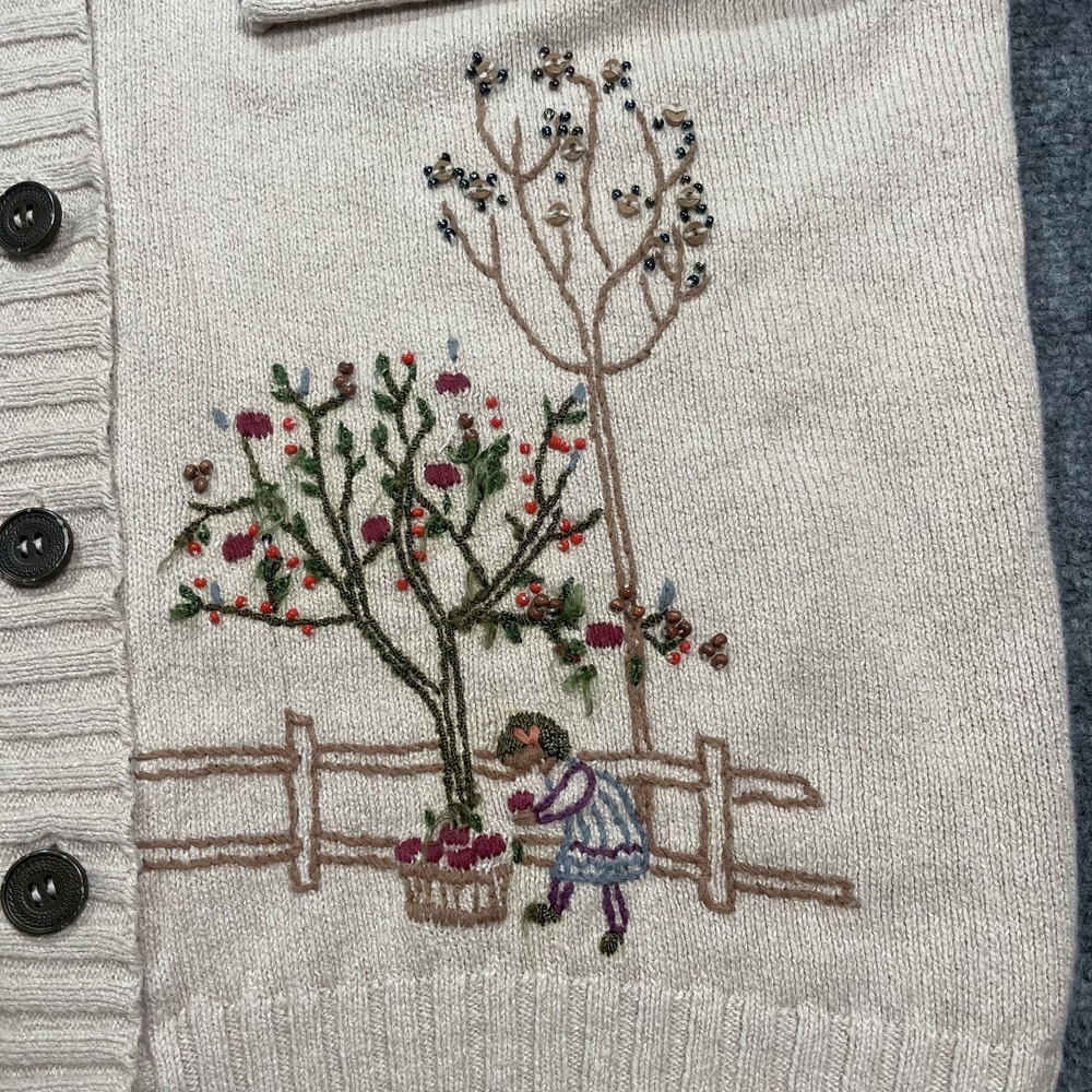 Vintage Embroidered Knit Cardigan Women's Size XL Beige Shawl Neck Cottagecore - Picture 3 of 12